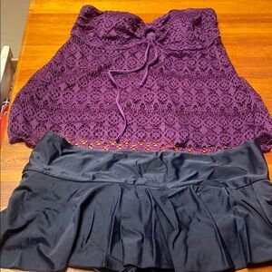 2 Liz Lange Maternity Tops Purple Crochet Swim and striped top with Black Skirt